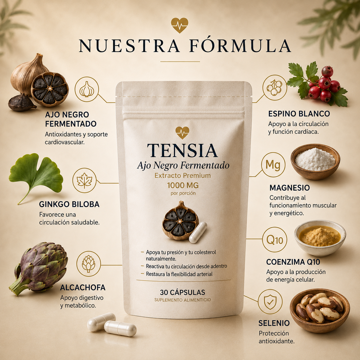 TENSIA™ Cápsulas de Ajo Negro | Reduce la Presión Arterial de Forma Natural