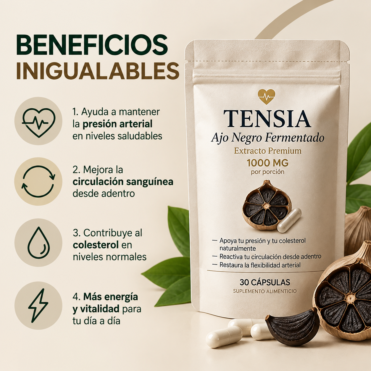 TENSIA™ Cápsulas de Ajo Negro | Reduce la Presión Arterial de Forma Natural
